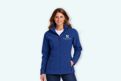 Custom imprinted Women's Hooded Soft Shell Parka for Bend, OR with a local business logo