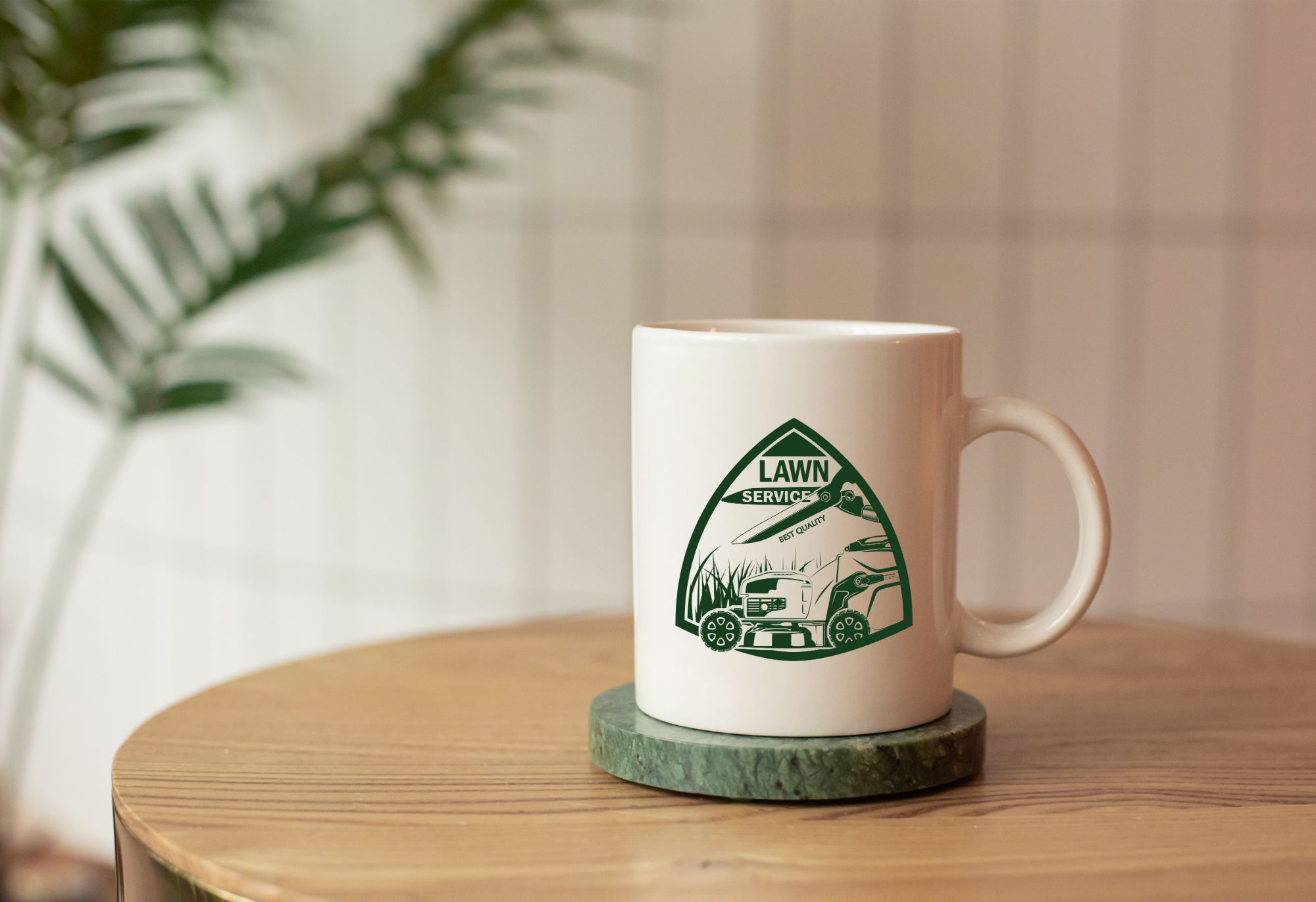 ceramic mug with custom printed logo and design siting on a coaster