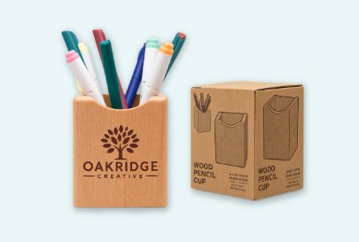Custom imprinted Wood Pencil Cup for Bend, OR with a local business logo